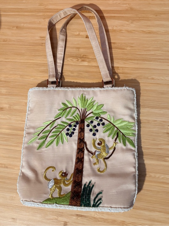 Handbags - Embroidered Beaded Palm Tree & Monkey Mini Tote Bag Purse Beige Green Brown